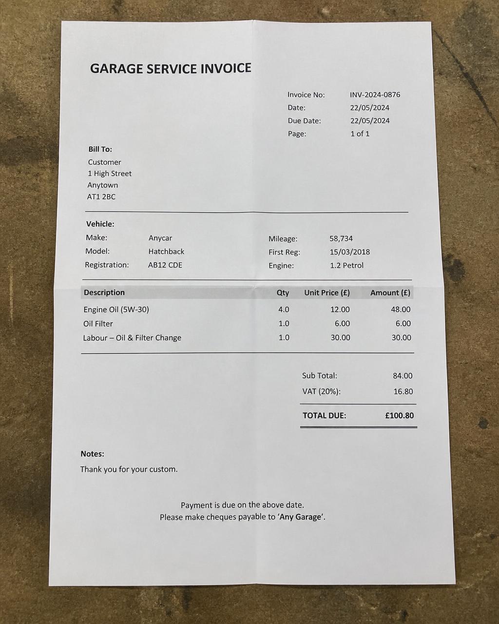 Oil and filter change invoice